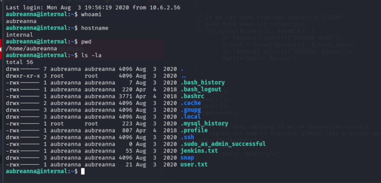 whoami, hostname, pwd, and ls -la as aubreanna showing home directory contents